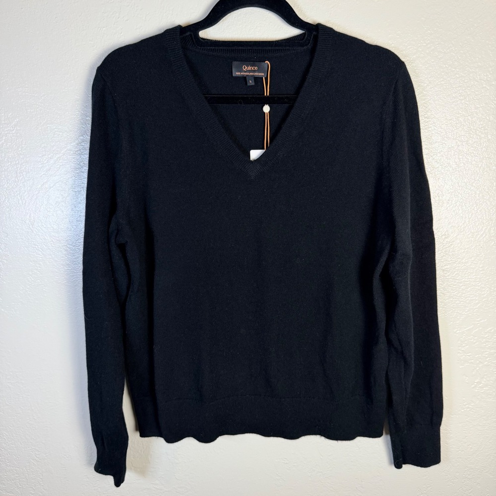 New Quince Women's L Black 100% Mongolian Cashmere V-Neck Sweater Quiet Luxury